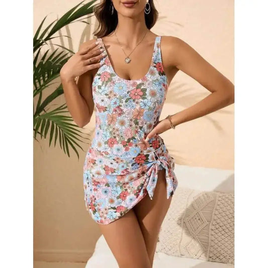 Virovana™ “Floria” Summer Swimdress  Sleeveless U-Neck Bathing Suit with Tie Knot Detail